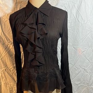 Sunny Leigh Brown Ruffle Chiffon  Blouse Button Down & Lace Detail Small